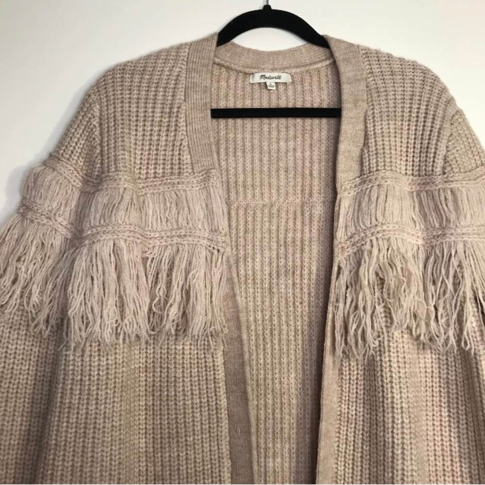 Madewell Beige Chunky Cableknit Fringe Cardigan Sweater M Long Lined Oversized - Picture 2 of 8